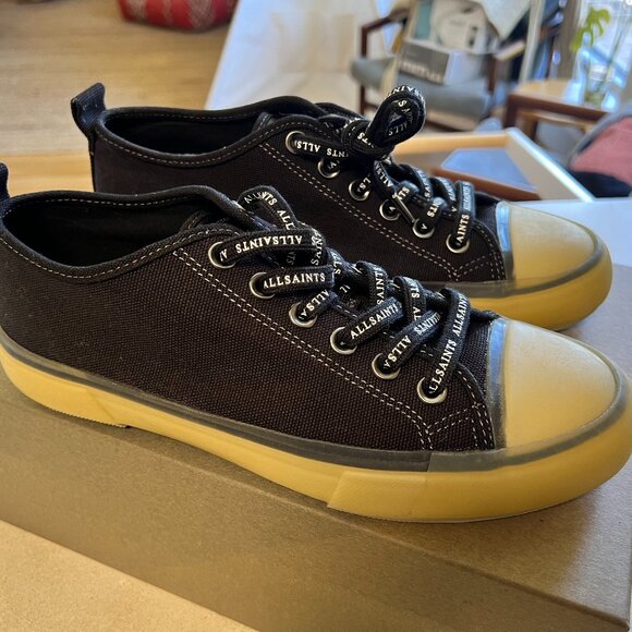 NIB AllSaints Low Top Black Canvas Sneakers M7 W9 - Picture 1 of 5
